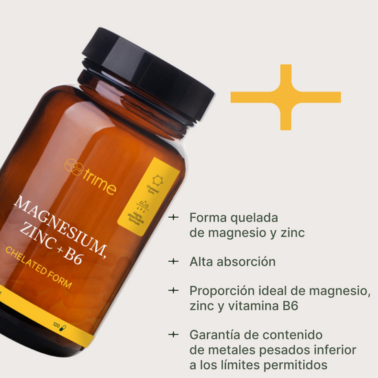 Beneficios del magnesio y zinc quelados de Trime: alta biodisponibilidad, proporción ideal con vitamina B6 y garantía de pureza frente a metales pesados.