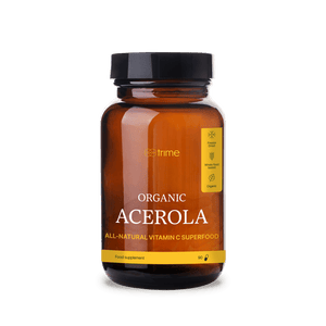 Organic Acerola de Trime: suplemento de vitamina C natural y orgánica en cápsulas, considerada un superalimento de alta potencia en frasco de vidrio ámbar.