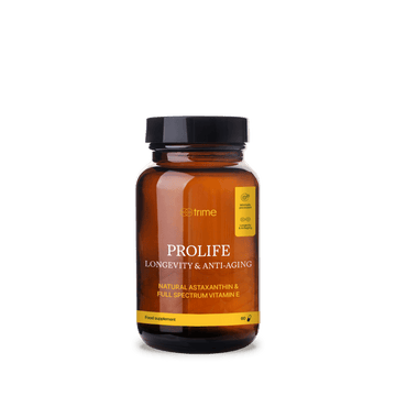 Frasco de vidrio oscuro de Trime ProLife con 60 cápsulas, diseñado para proteger la estabilidad de los antioxidantes y nutrientes liposolubles.