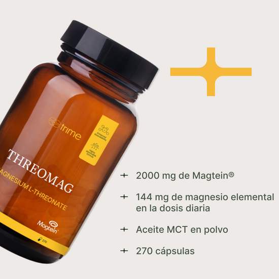 Características de ThreoMag Trime: 2000 mg de Magtein® que aportan 144 mg de magnesio elemental por dosis diaria, con aceite MCT en polvo para una mejor absorción.